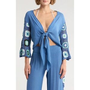 Elan Boho Festival Outfit SMALL Blue Crochet Tie Front Top Pants Set Beach